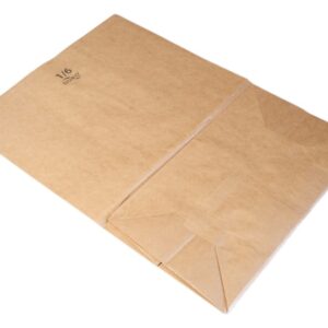 A plain brown paper bag lying flat on a white surface.