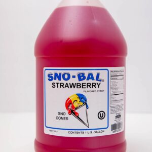 A bottle of Sno-Bal strawberry syrup with a colorful label.