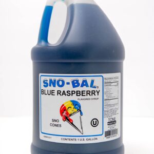 A gallon jug of Sno-Bal Blue Raspberry flavored syrup.
