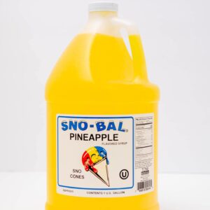 Large yellow jug of Sno-Bal pineapple flavor syrup.