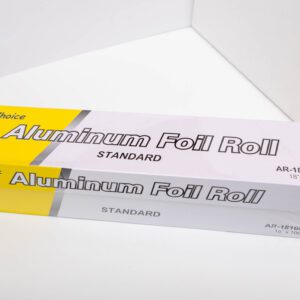 Two boxes of standard aluminum foil rolls on a white surface.