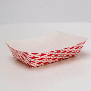 A paper food tray with a red and white diamond pattern.