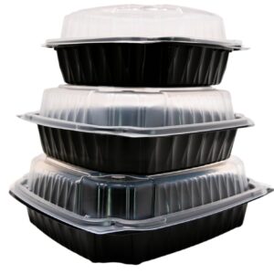 Stacked black plastic food containers with clear lids in various sizes.