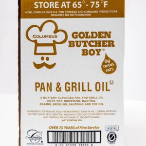 Bottle of Golden Butcher Boy Pan & Grill Oil with cooking instructions.
