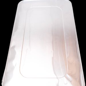 White rectangular plastic tray with rounded edges and transparent lid.