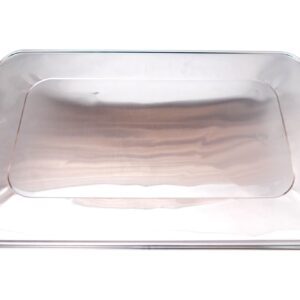Empty rectangular glass baking dish on a white surface.