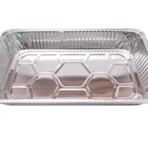 Rectangular aluminum foil tray with a patterned bottom.