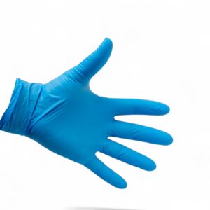A blue disposable glove worn on a right hand.