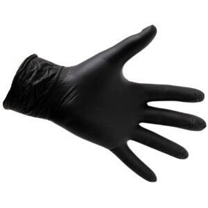 A black disposable glove made of latex or nitrile.