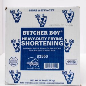 Butcher Boy heavy-duty frying shortening container with vintage design.