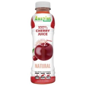 A bottle of Brazilian Cherry Cherry Juice Natural with cherries on the label.