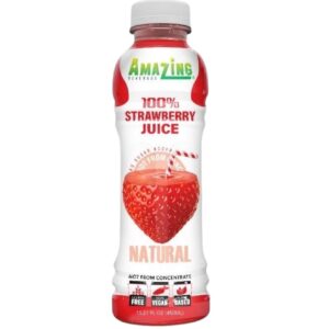 Bottle of Amazing Grass strawberry juice, labeled natural.