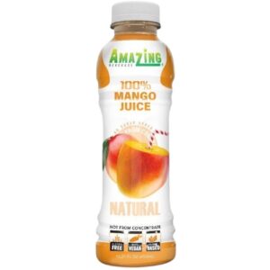 A bottle of Amazing Mango Juice with natural ingredients.