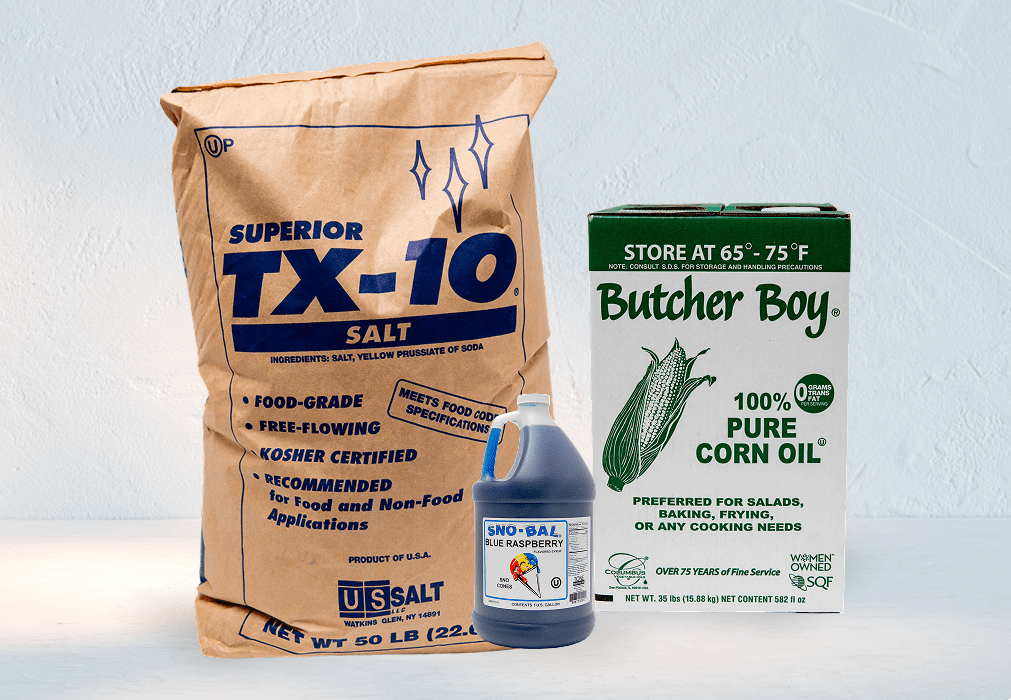 A bag of TX-10 salt and a bottle of Butcher Boy corn oil.