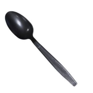 A black plastic spoon with a textured handle.