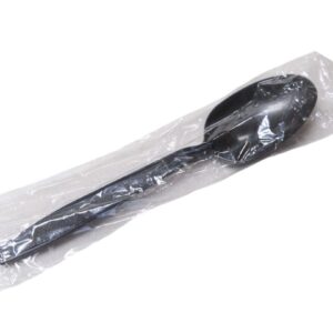 Black plastic ladle sealed in clear plastic packaging.