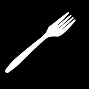 White fork icon on a black background.