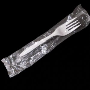 A plastic fork wrapped in clear plastic packaging.