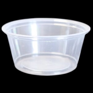 Clear plastic container with a wide opening and shallow depth.