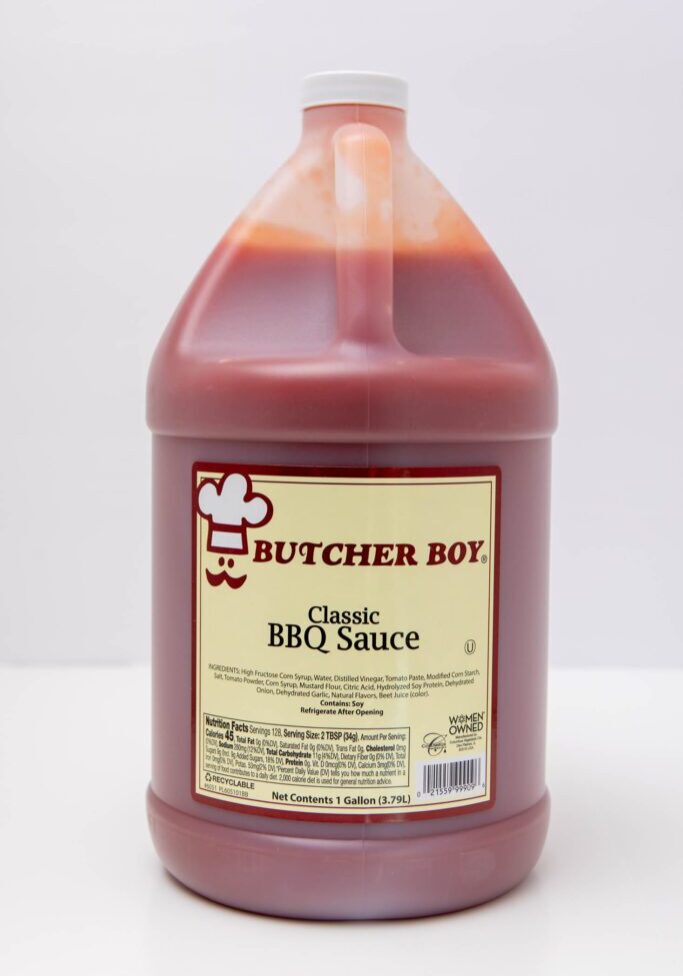 A large bottle of Butcher Boy Classic BBQ Sauce with a red cap.