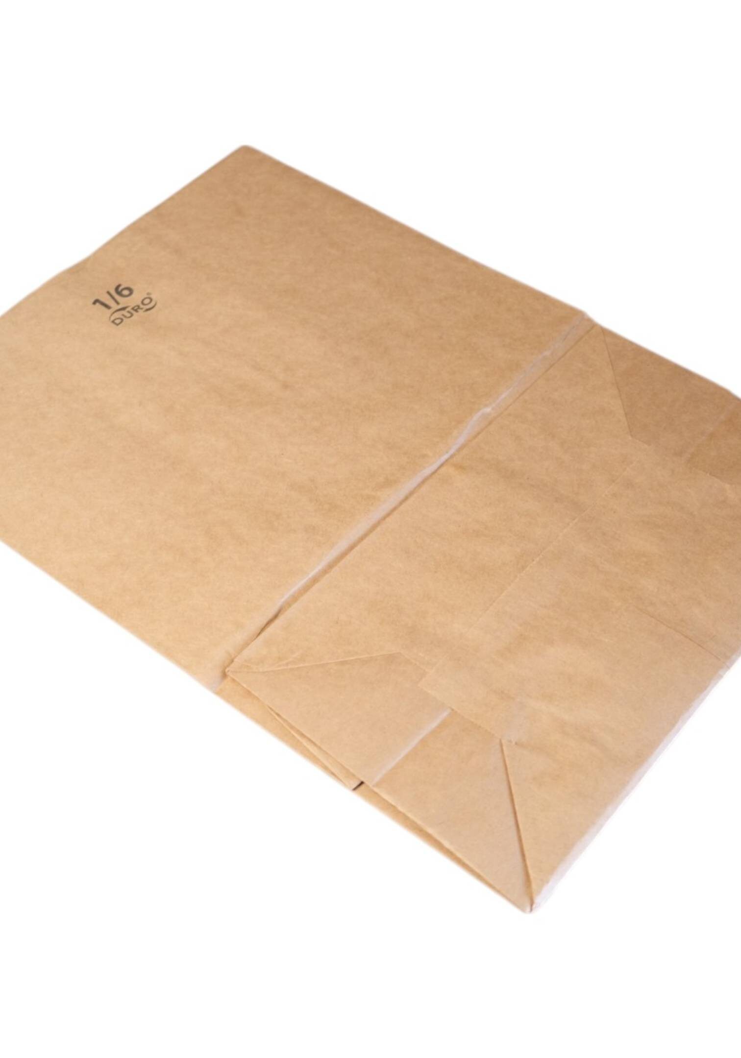 A plain brown paper bag lying flat on a white surface.