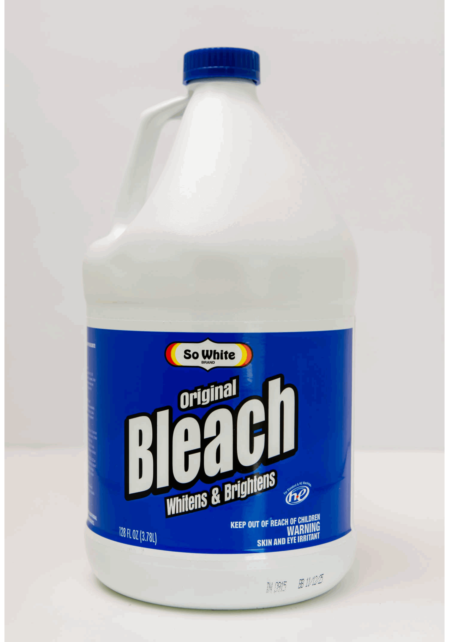 A gallon container of regular bleach with a blue label and cap.