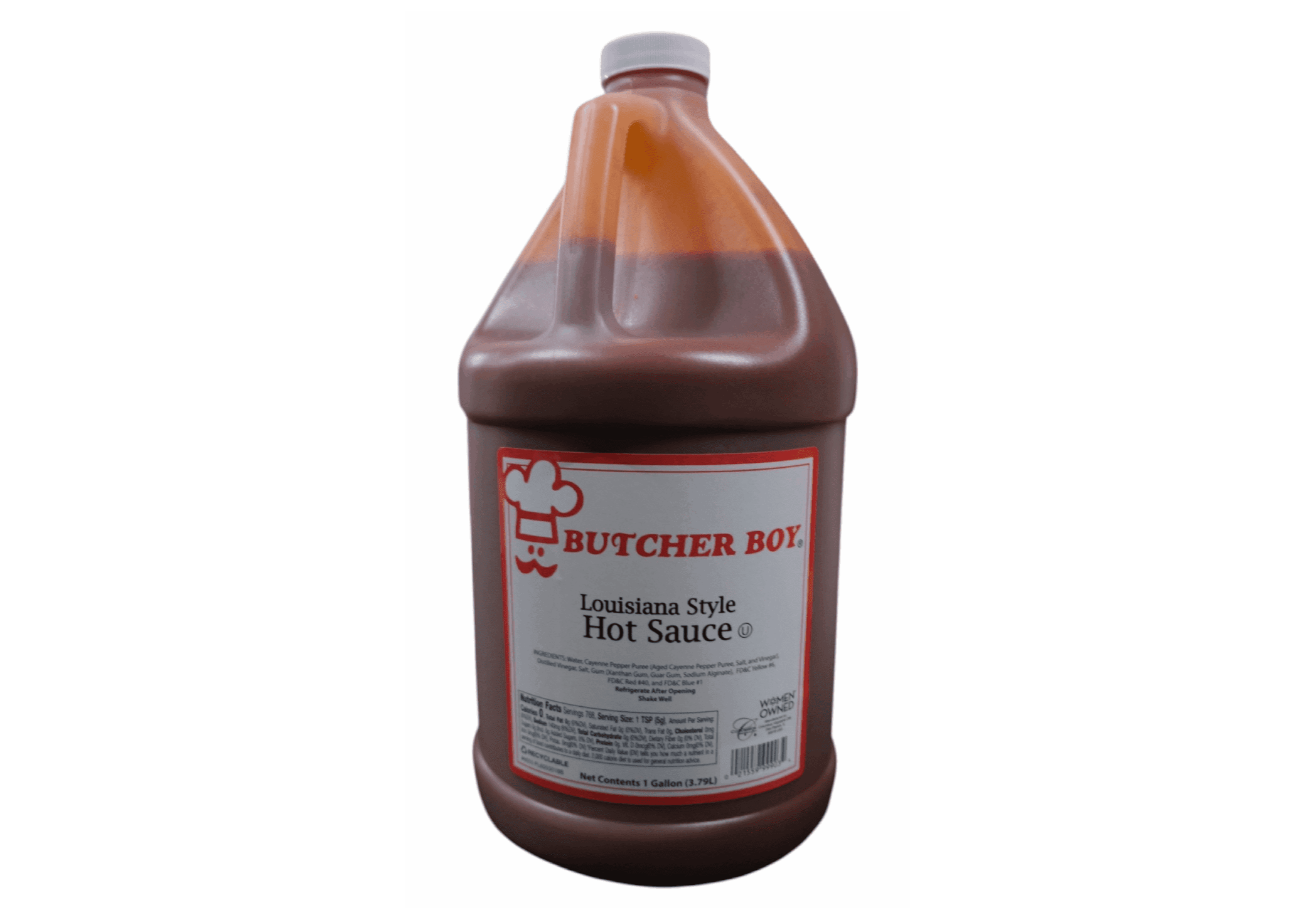 A gallon jug of Butcher Boy Kansas Style Hot Sauce.